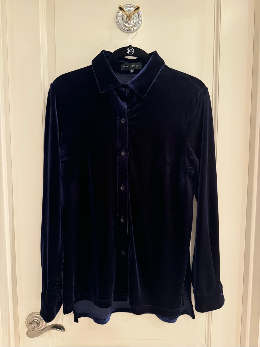 Front Row Shop Velvet Button-Down Shirt in Deep Navy